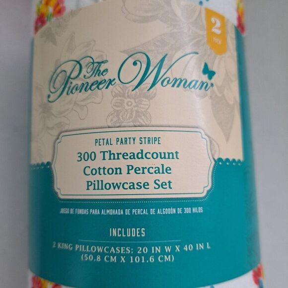 Pioneer Woman Petal Party Stripe 300 Thread Count Home Bed Floral Pillowcase 2 - Picture 3 of 8